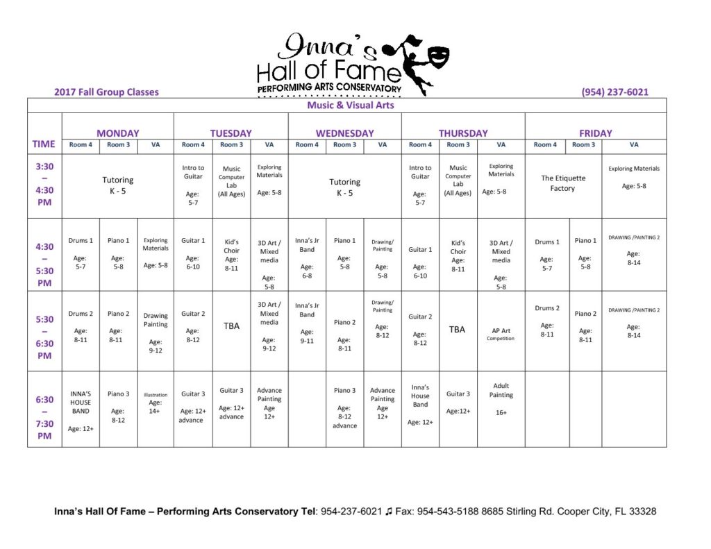 MusicandVisualArtsFall2017classschedule Inna's Hall of Fame